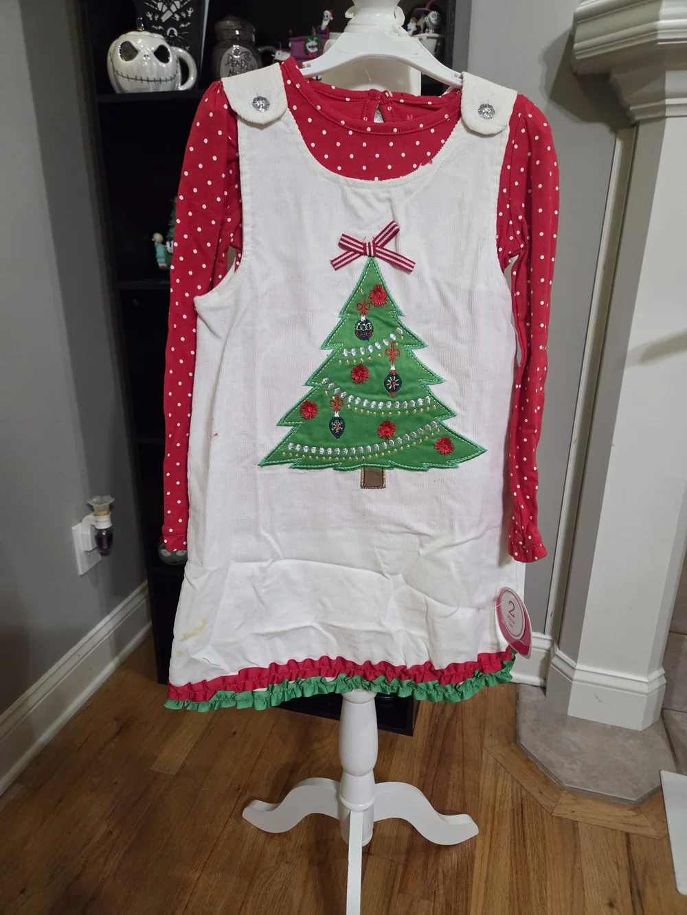 **nwt W/stain*Nannette White Dress with Green Christmas Tree & Red Polka Dot Top